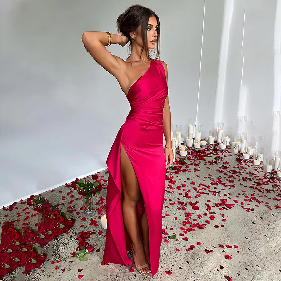 Summer Sexy One Shoulder Satin Long Dress For Women Sleeveless Backless High Split Party Evening Dresses Elegant Cocktail Dress