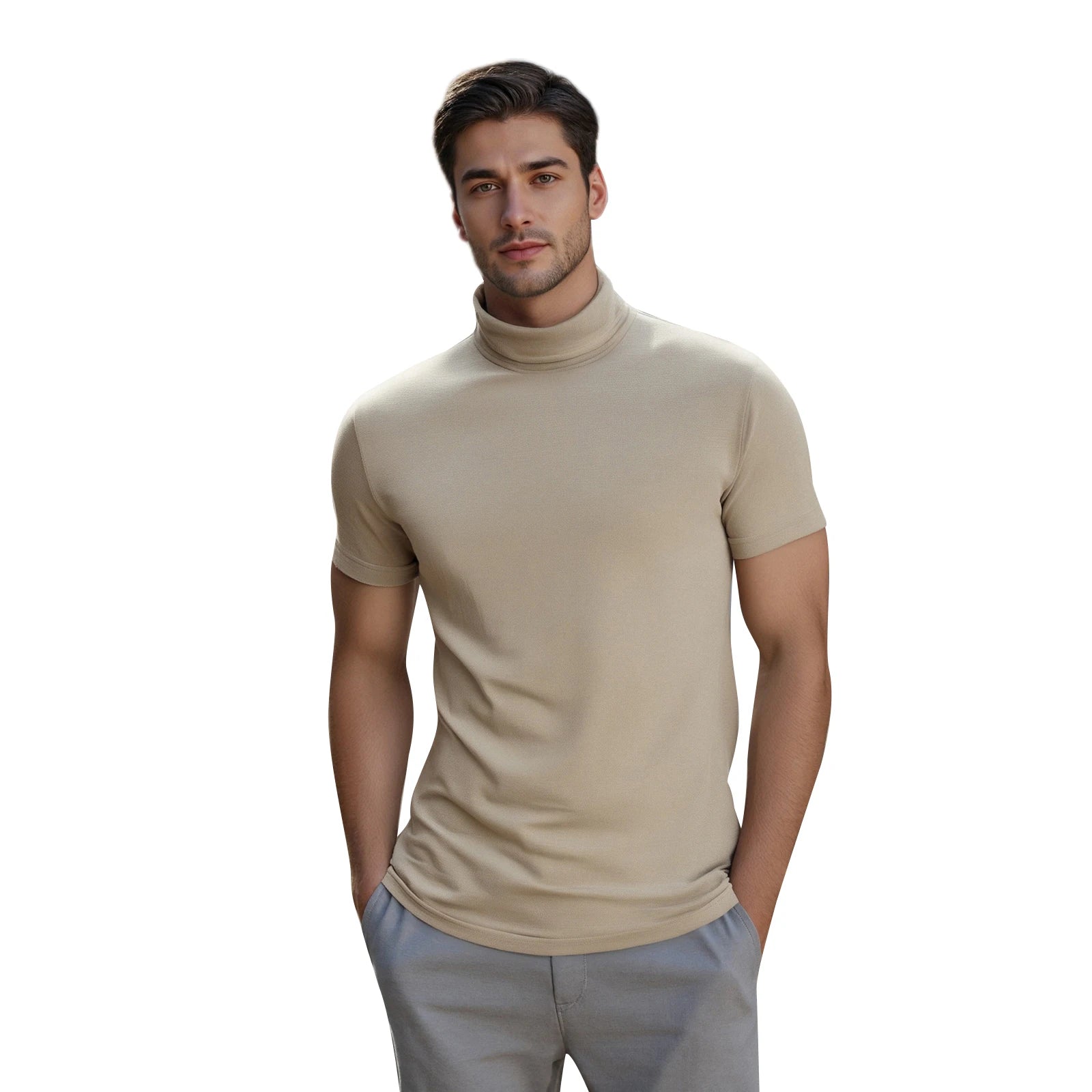 Men s Casual Short Sleeve T-Shirt  Fit Solid Color High Neck Summer Basic Tee Simple Tops for Everyday Wear