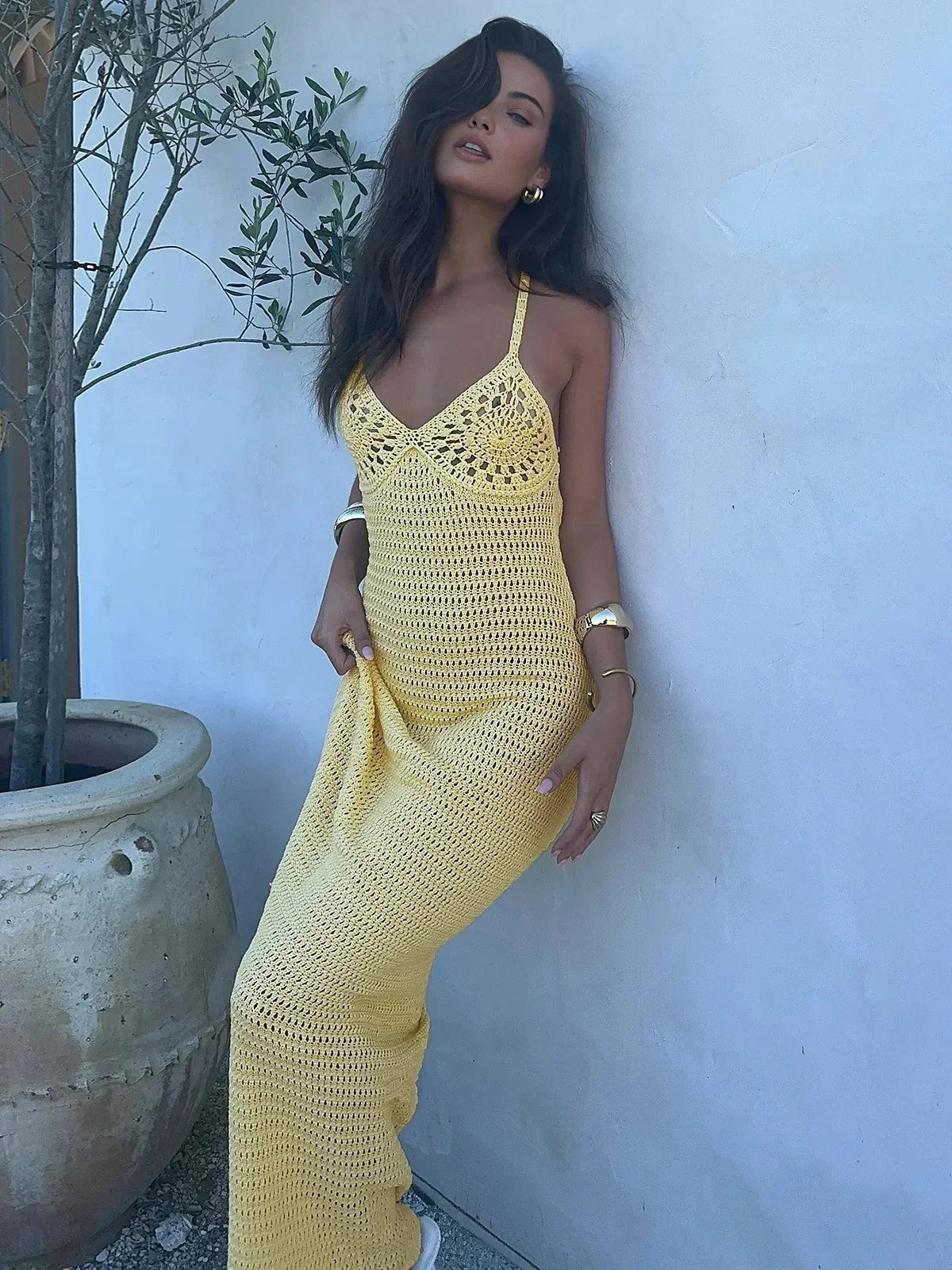Solid Colour Sexy Knit Cut Out Holiday Beach Dresses Women's 2025 Summer Sexy V-Neck Spaghetti Strap Bodycon Maxi Dress K32