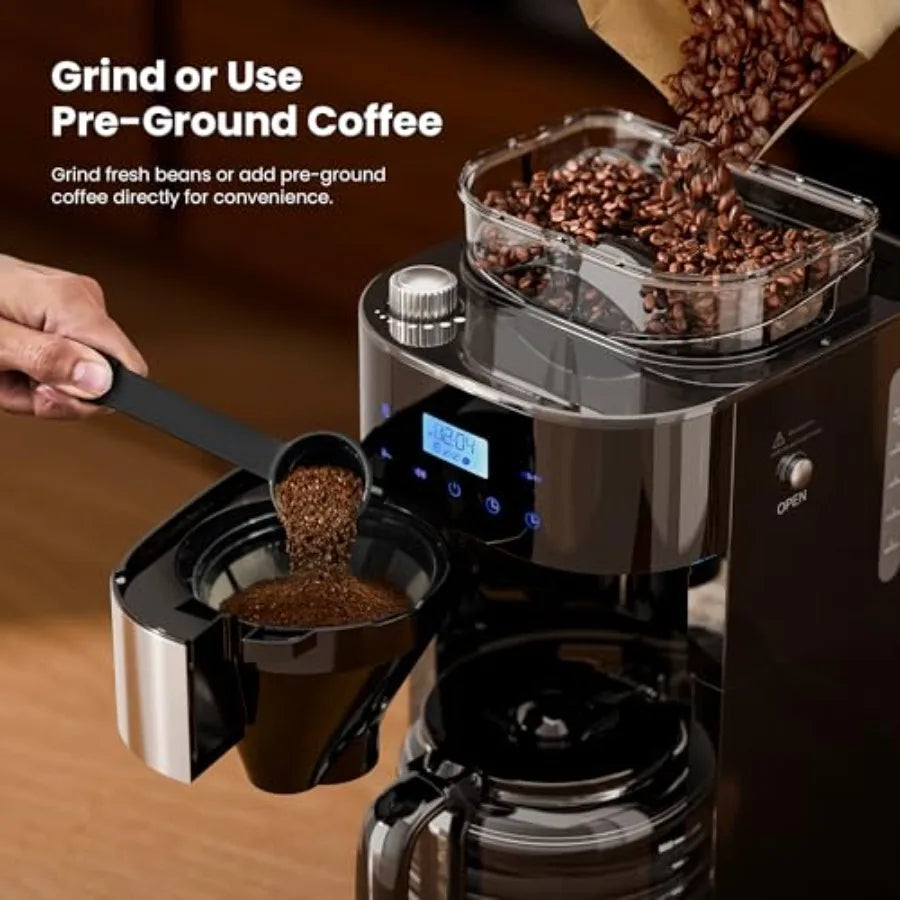 10Cup Digital Drip Coffee Maker with BuiltIn Grinder for Home and Office Use: 12Hour Timer Programmable Settings 1.5L Water Tan