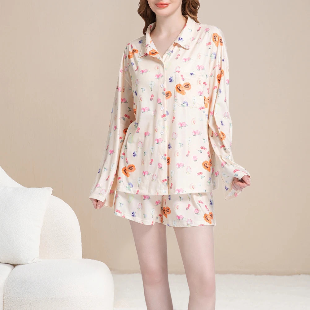 Women Fruit Print Pajamas Set Breathable Soft Loungewear Button Down Sleepwear Cute Pyjama Trousers Set for Loose Home Wear