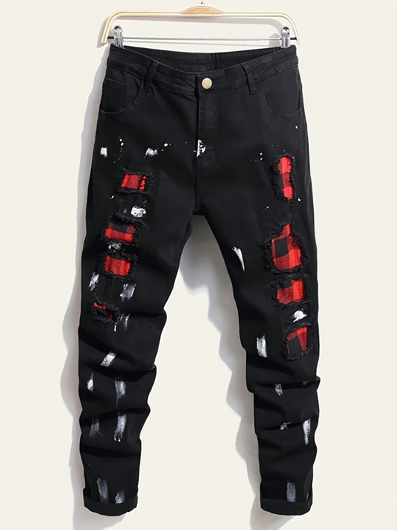 Men's casual street style straight leg pants, slightly stretchy blended cotton jeans, splashed plaid ripped jeans