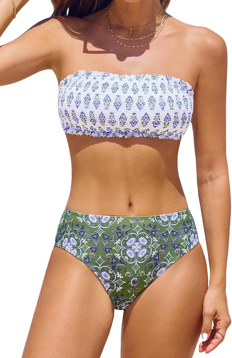 Bikini Set For Women Two Piece Swimsuit Bandeau Top Back Tie Mid Waisted Bottom With Removable Shoulder Straps