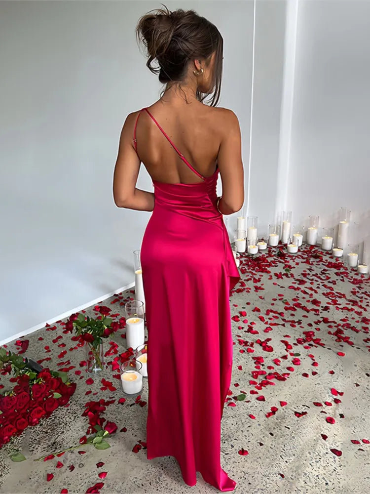 Summer Sexy One Shoulder Satin Long Dress For Women Sleeveless Backless High Split Party Evening Dresses Elegant Cocktail Dress