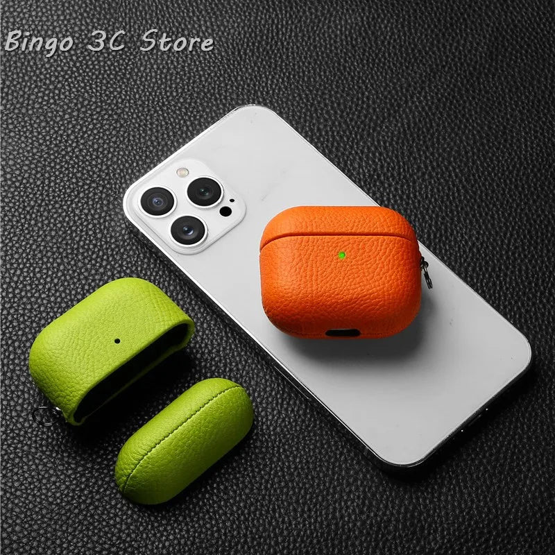 Genuine Leather For AirpPods Pro 2 Case AirPods 1 2 3 cover Bluetooth Earphone Accessories Lychee Pattern Cowhide With Buckle