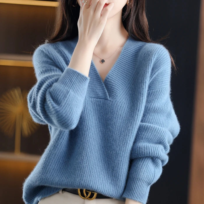 V-neck Basis Pullover Women's Solid Loose Knit Sweater Autumn Winter Jumpers Knitwear Soft Warm Chic Femme Sweater Casual Tops