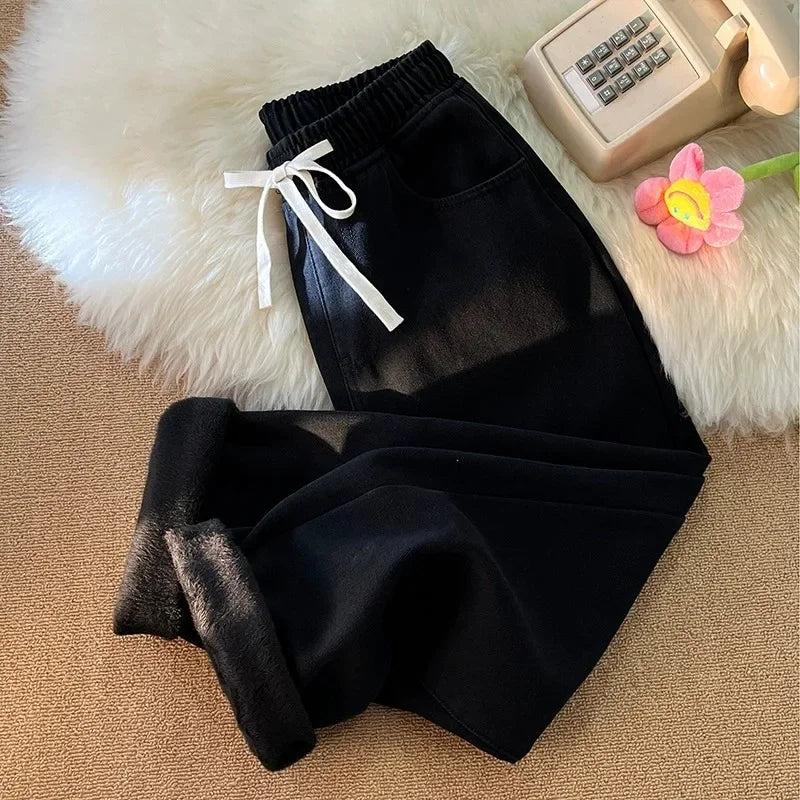 Winter Thiened Jeans Wide Leg Jeans Men's Straight Elastic Waist Corduroy High Street Vintage New Youth Casual Jeans