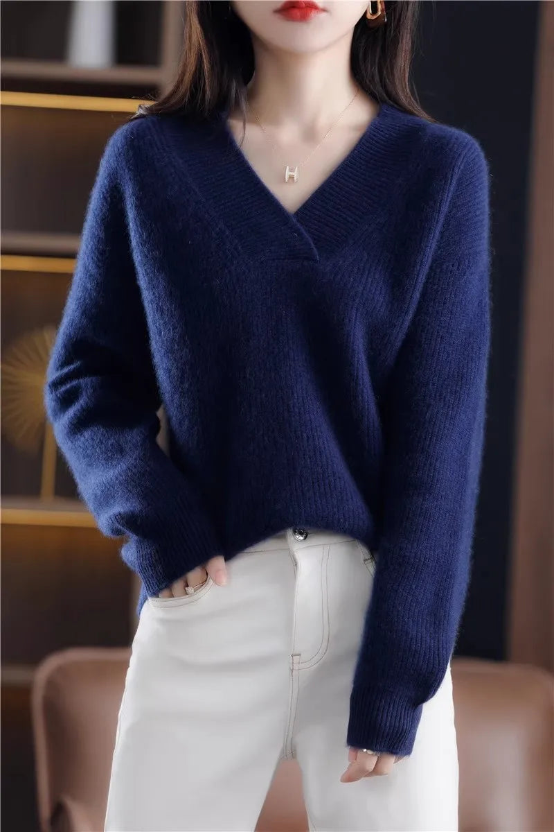 V-neck Basis Pullover Women's Solid Loose Knit Sweater Autumn Winter Jumpers Knitwear Soft Warm Chic Femme Sweater Casual Tops