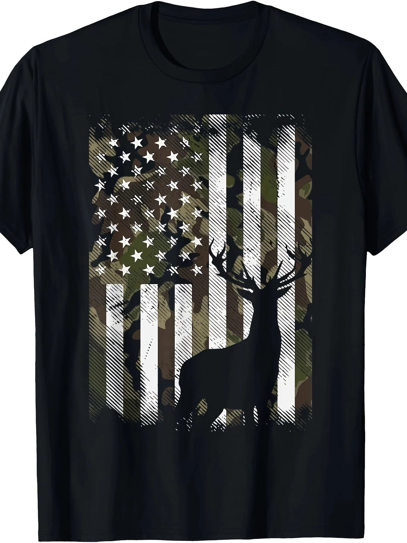 1pc Men'S American Flag Deer Graphic T-Shirt, 100% Cotton Fabric, Crew Neck, Short Sleeve, Regular Fit