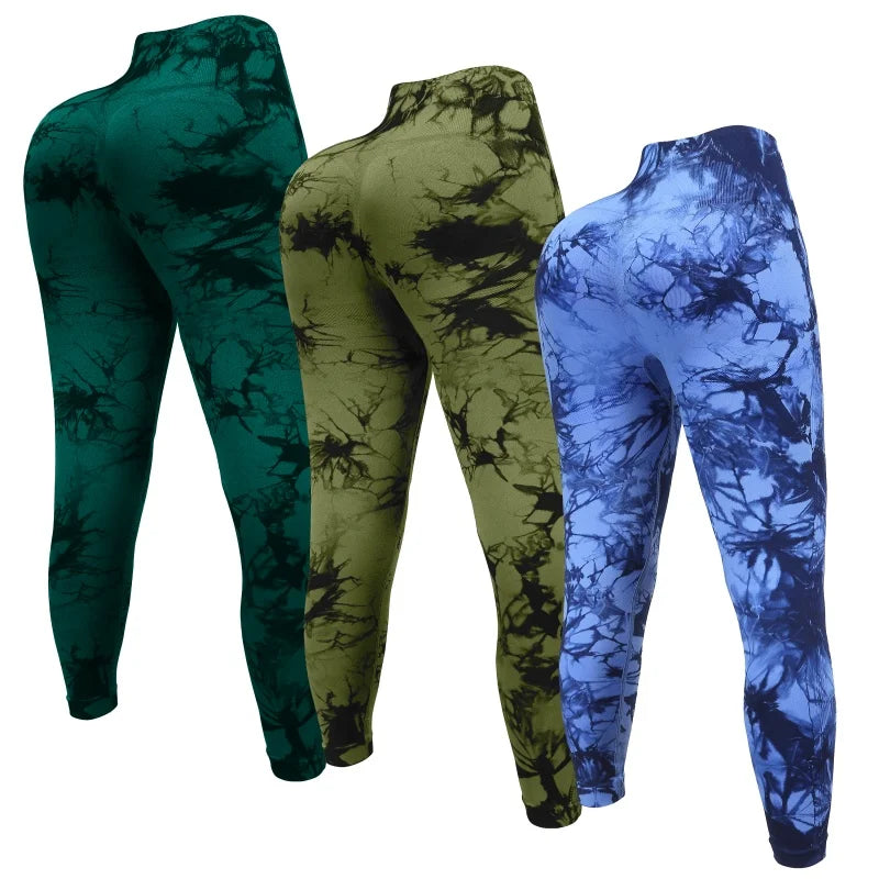 3 Piece Workout Leggings Sets for Women High Waisted Tie Dye Gym Scrunch Butt Lifting Seamless Yoga Leggings Athletic Pants