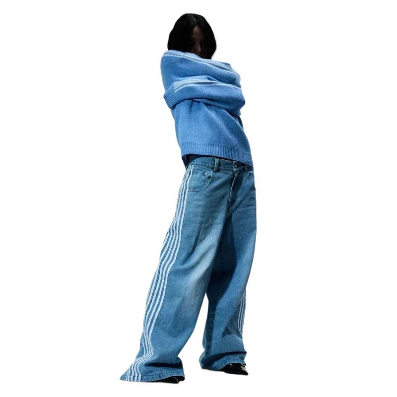2025 men Jean Fashion high quality Striped Harajuku Jeans women Hip Hop streetwear Casual wide leg Jeans Vintage Jean