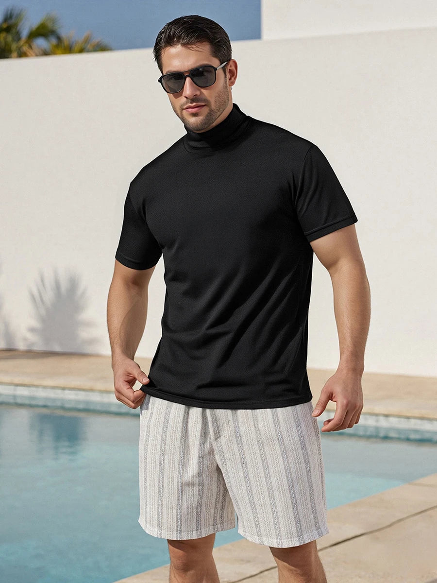 Men s Casual Short Sleeve T-Shirt  Fit Solid Color High Neck Summer Basic Tee Simple Tops for Everyday Wear