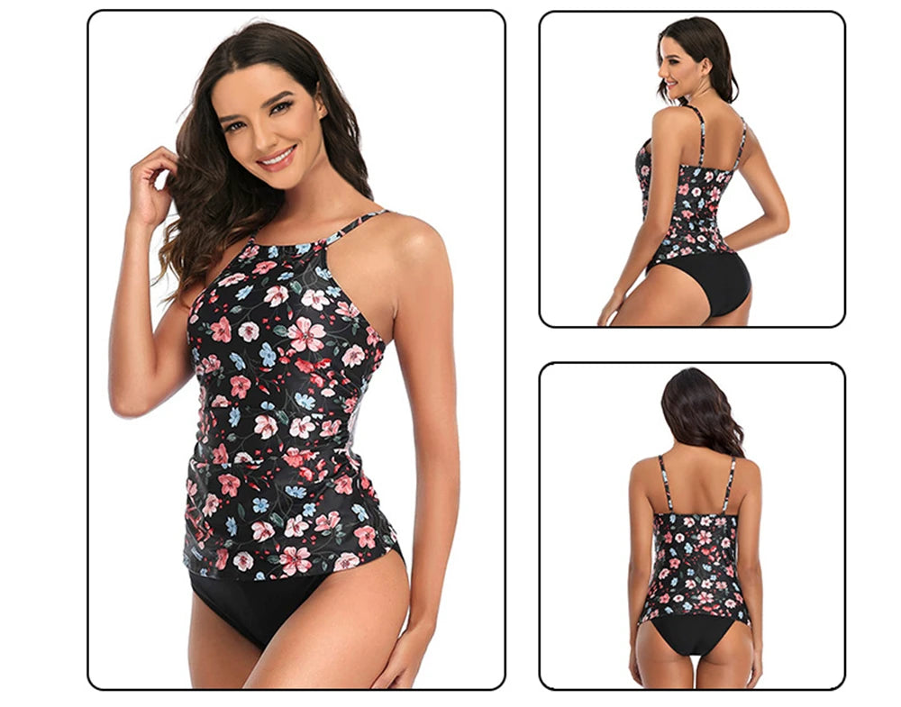 13 Colors Women Conservatively Cover Belly Tankini Set Padded Top With Adjustable Shoulder Straps Elastic Slim Knitted Beachwear