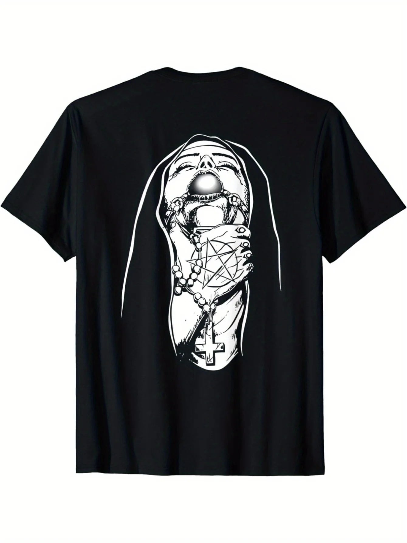 Medium Stretch Satan Nun Tattoo Graphic Tee for Men, Casual Cotton Crew Neck T-Shirt, Geometric Pattern, Short Sleeves
