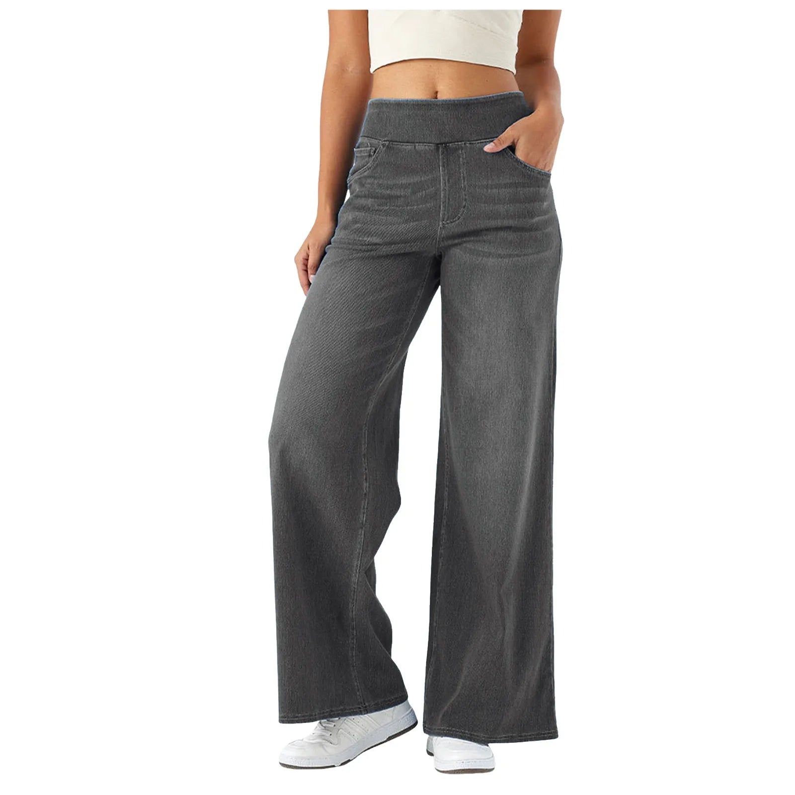 Baggy Ladies Wide Leg Trousers With Elastic Waistband High Waist Stretch Vertical Tube Trousers Stylish Womens' Casual Pants