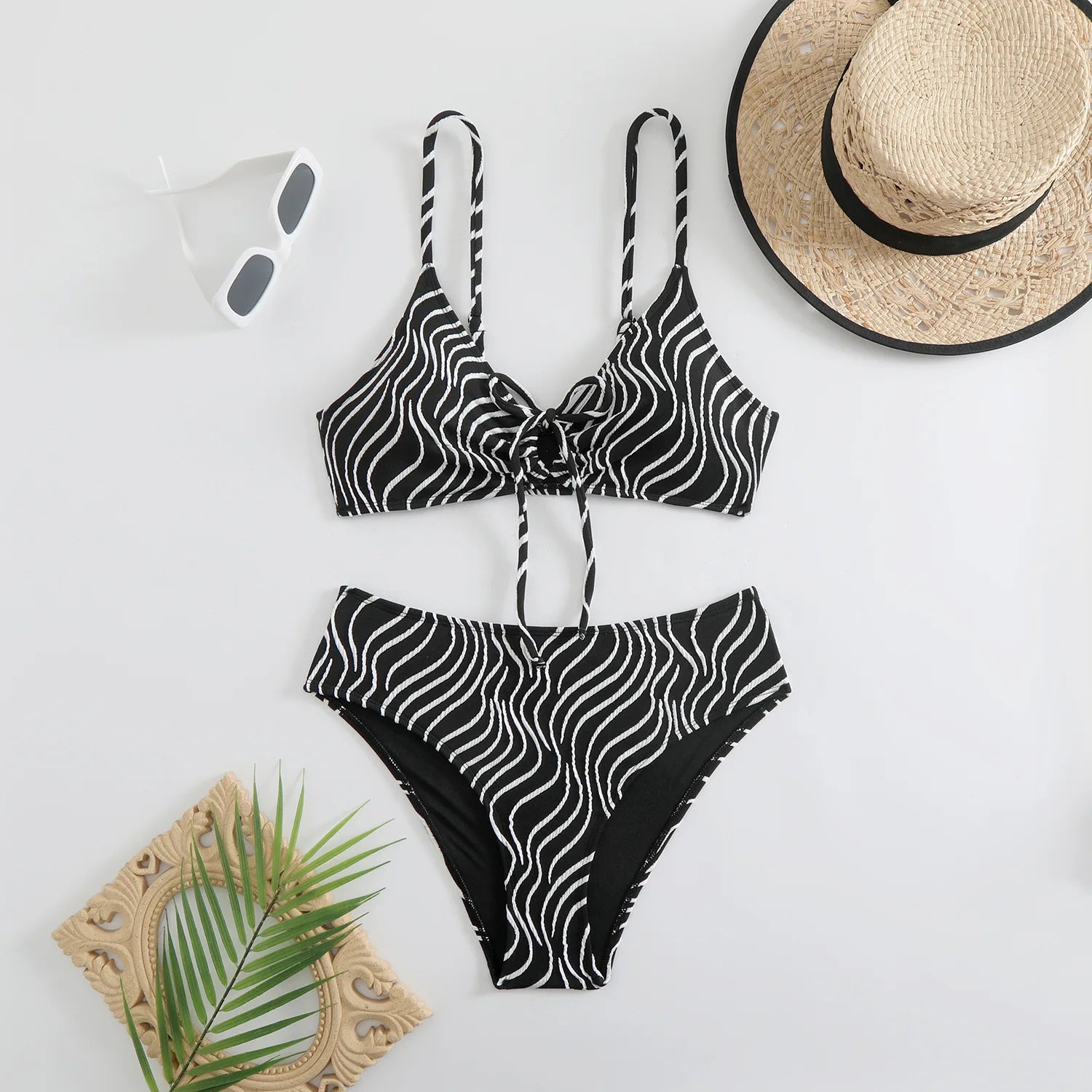 2025 New Women's Bikini Set Stripe Print 2 Pice Swimsuit Drawstring Lace-up V Neck Suspender Backless Beach Vacation Swimwear