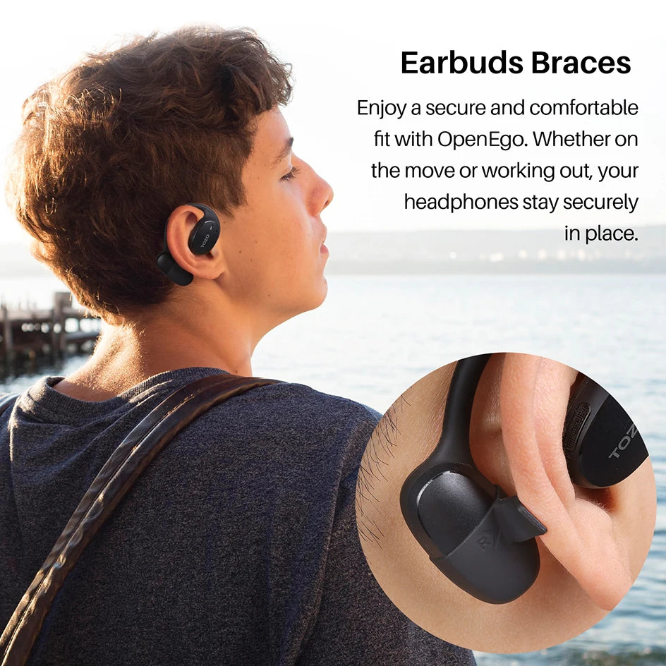Refurbished TOZO OpenEgo Headsets Open Ear Headphone Bluetooth Dual Mic Clear Call Earphones with Earhooks IPX5 Water-resistant