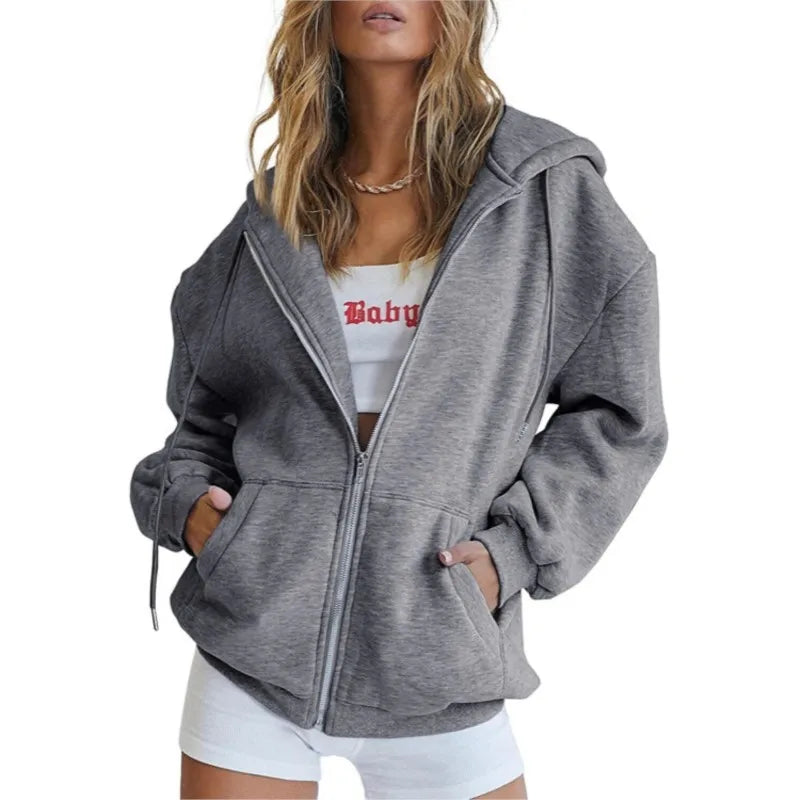 Fashion Gray Zip Up Sweatshirt Women Autumn Winter Jacket Clothes Hoodies Daily Pockets Long Sleeve Solid Versatile Lady Hoodies