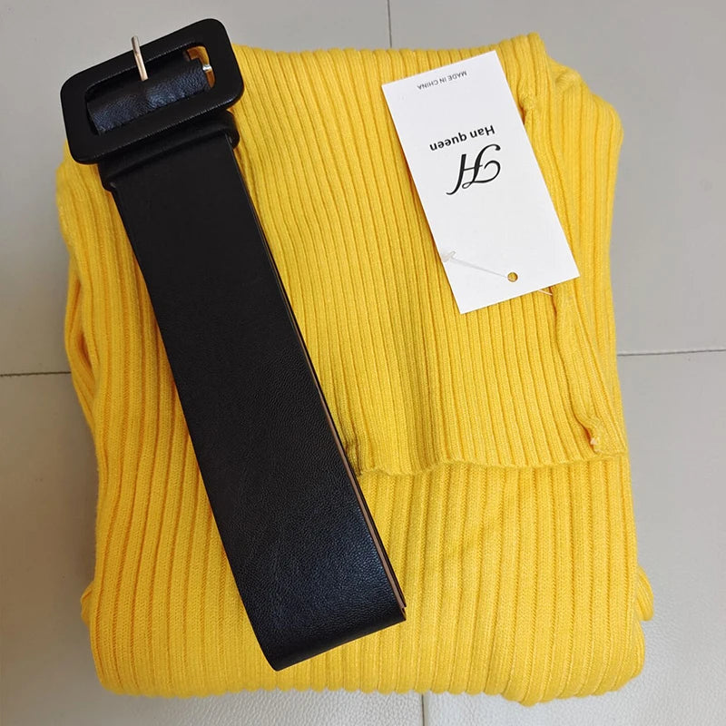 H Han Queen Knitted Turtleneck Sweater Bodycon Dress Bottoming Women Soft Elastic Autumn Winter Midi Party Dresses With Belt