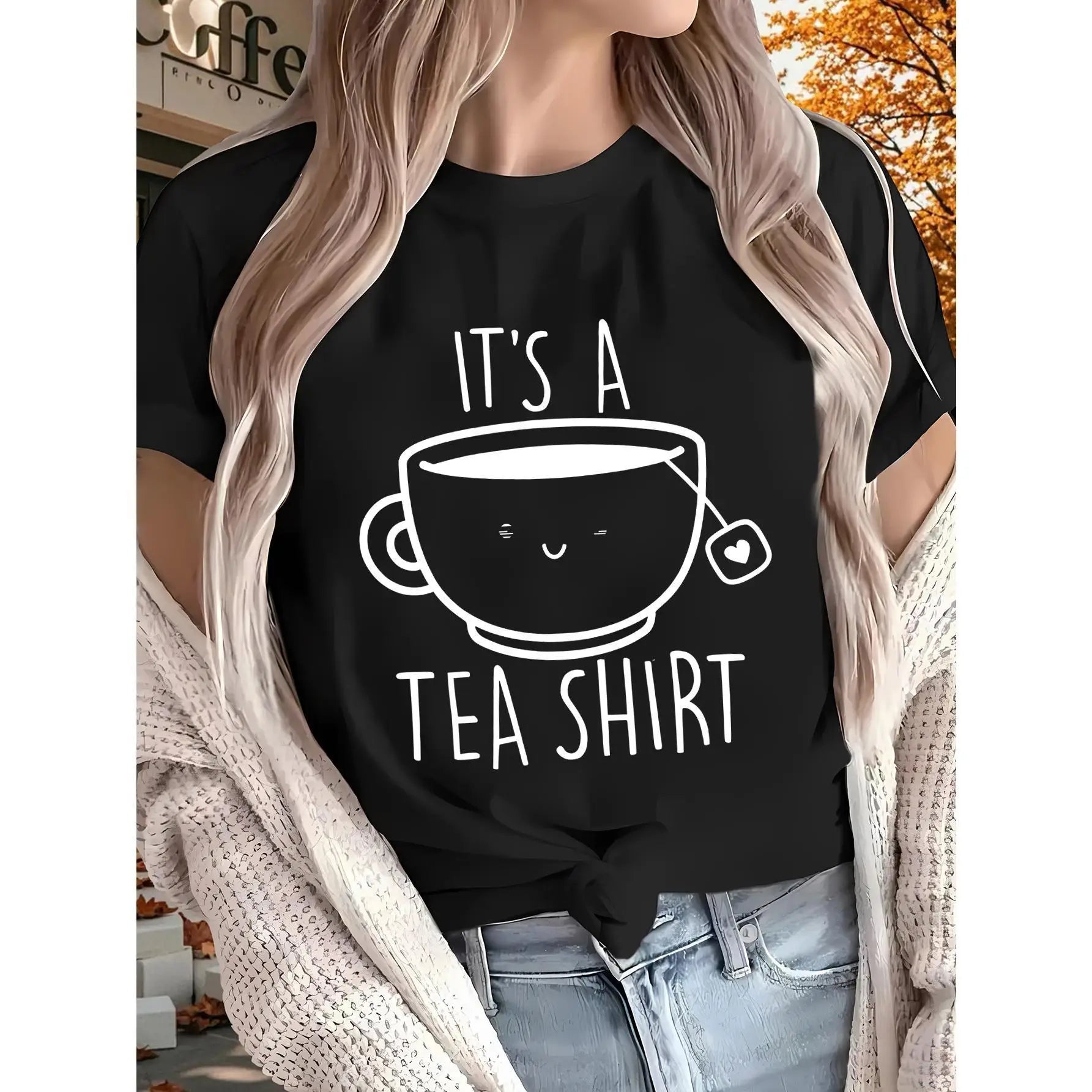 Women's Cute Cartoon Tea Cup & Slogan Print T-Shirt - Short Sleeve, Crew Neck, Lightweight & Breathable for Casual Attire, Home