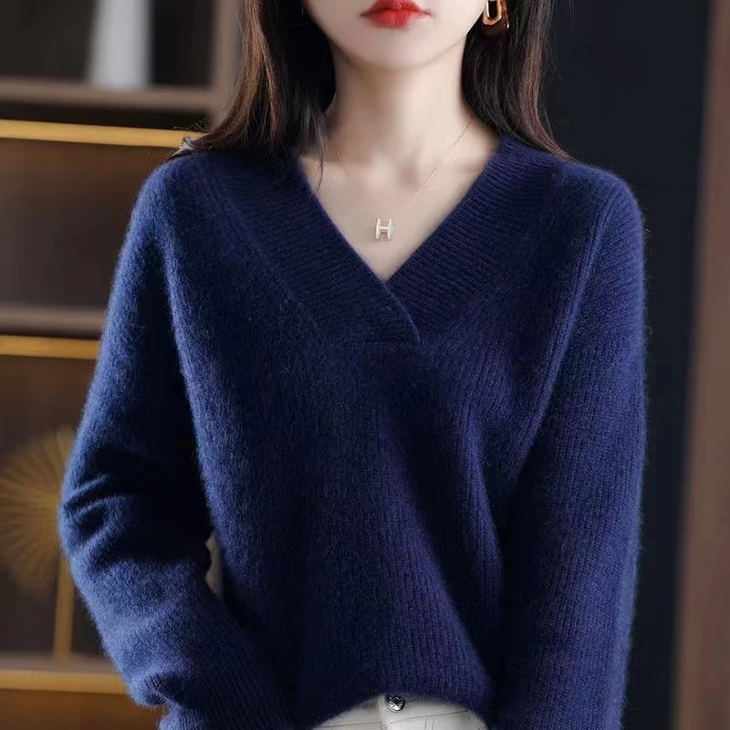 V-neck Basis Pullover Women's Solid Loose Knit Sweater Autumn Winter Jumpers Knitwear Soft Warm Chic Femme Sweater Casual Tops