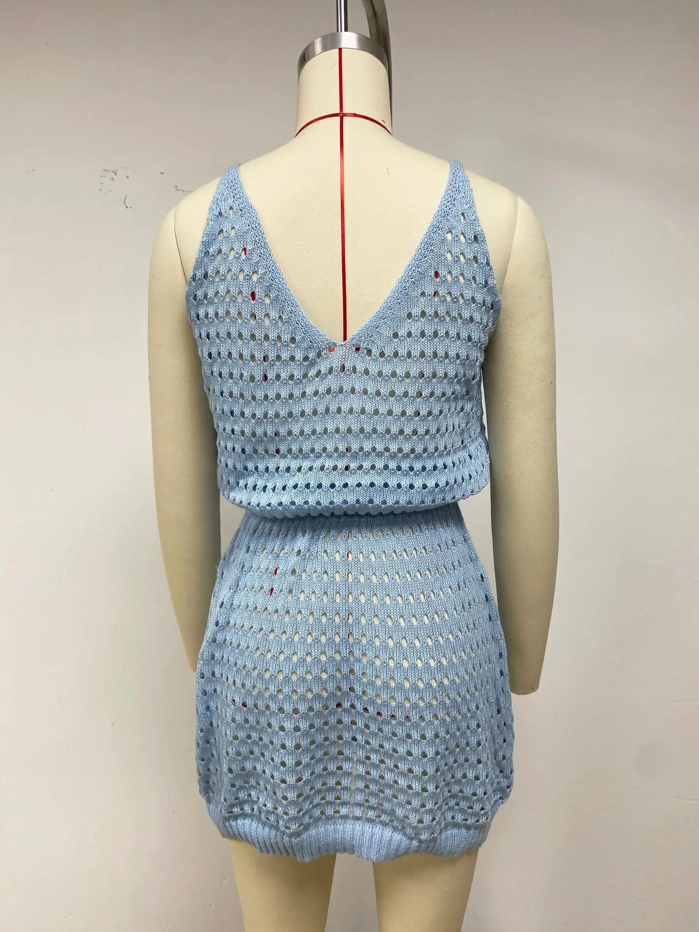 Summer Hollow Out Knitting Mini Spaghetti Strap Dresses Women Sexy V-neck Backless Vacation Beach Dress Casual Beachwear Vestido