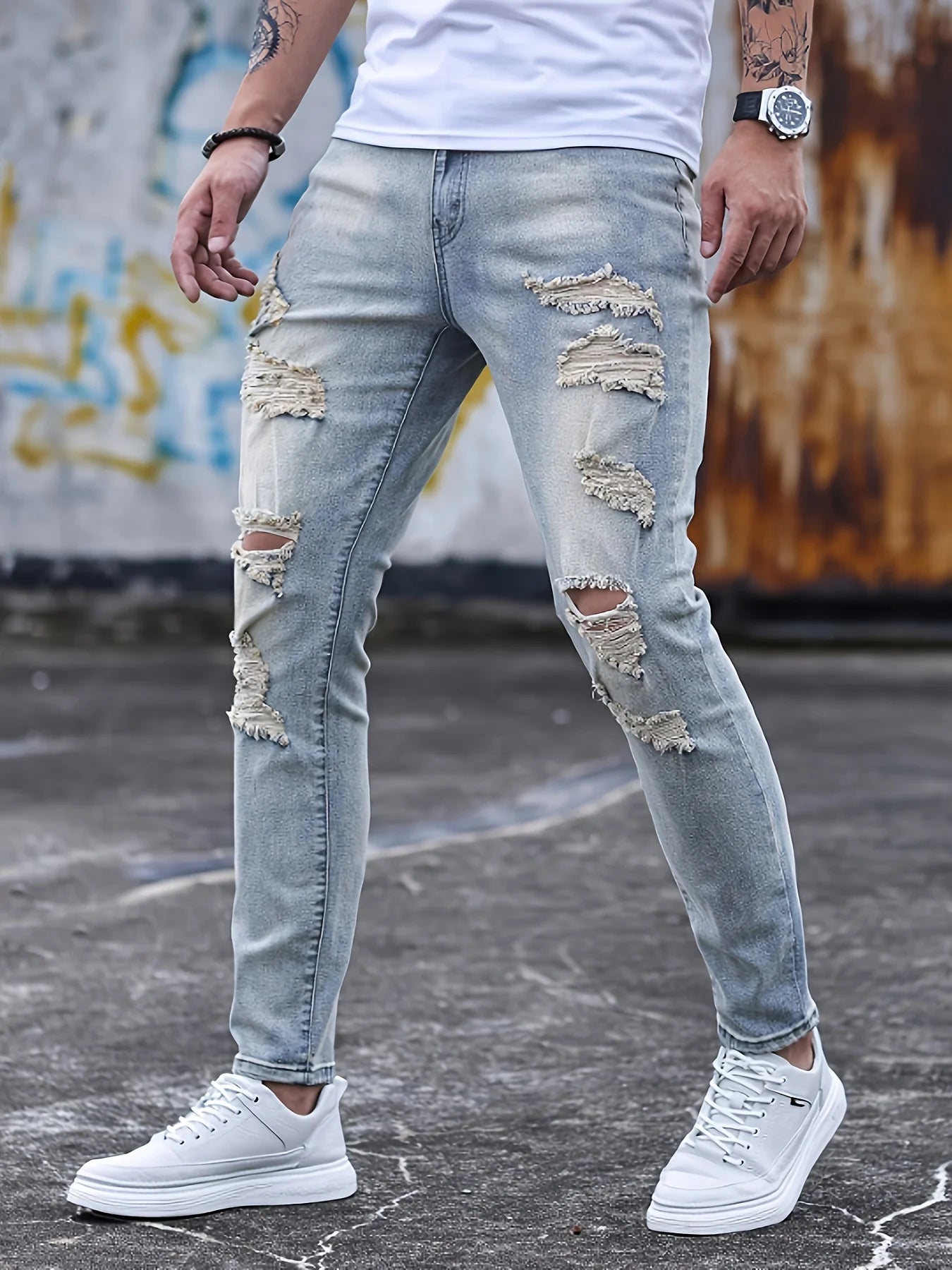 Men's black slim fit jeans, fashionable ripped elastic jeans