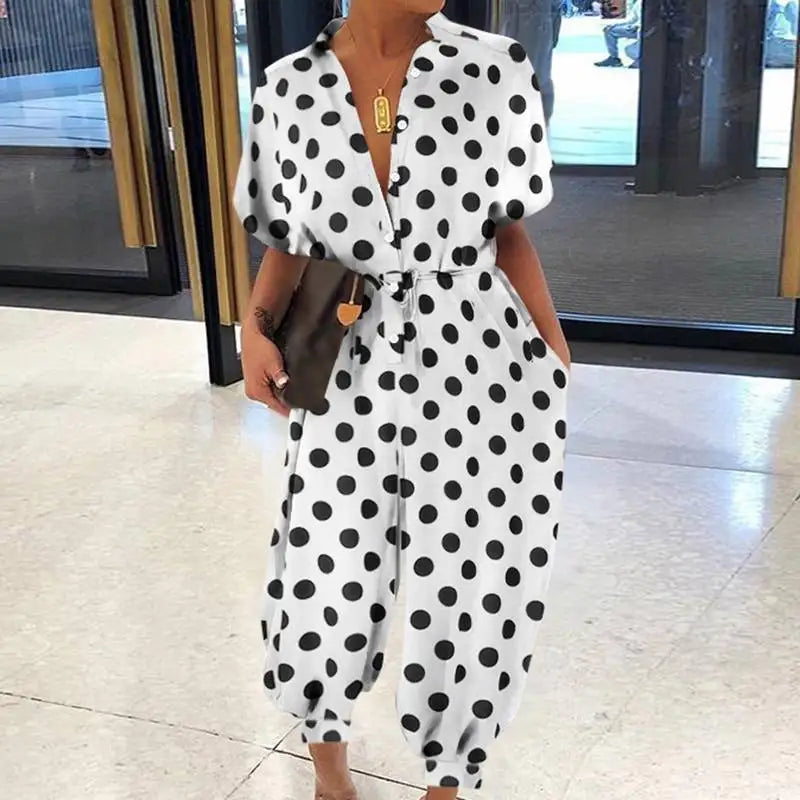 2025 Summer New Dot Leopard Print Jumpsuit Women Short Sleeve Leace-up Pocket Casual Jumpsuits Fashion Vintage Ladies Bodysuits
