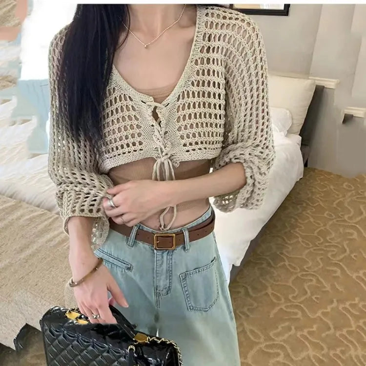 2025 Summer New V-neck Lace Up Cardigan Hollow Out Long Sleeve Tops Women Y2k E-Girl Slim Fit All-match Knitted Pullover