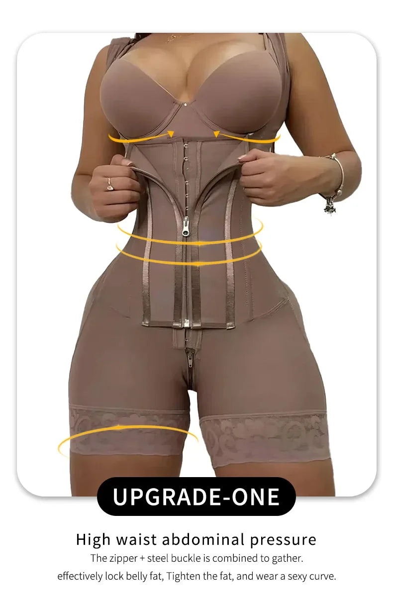 Body Shaper Shapewear Women Bodysuit Colombian Fajas 9-bone High Compression Girdle Double Tummy Control,Open Crotch with Zipper