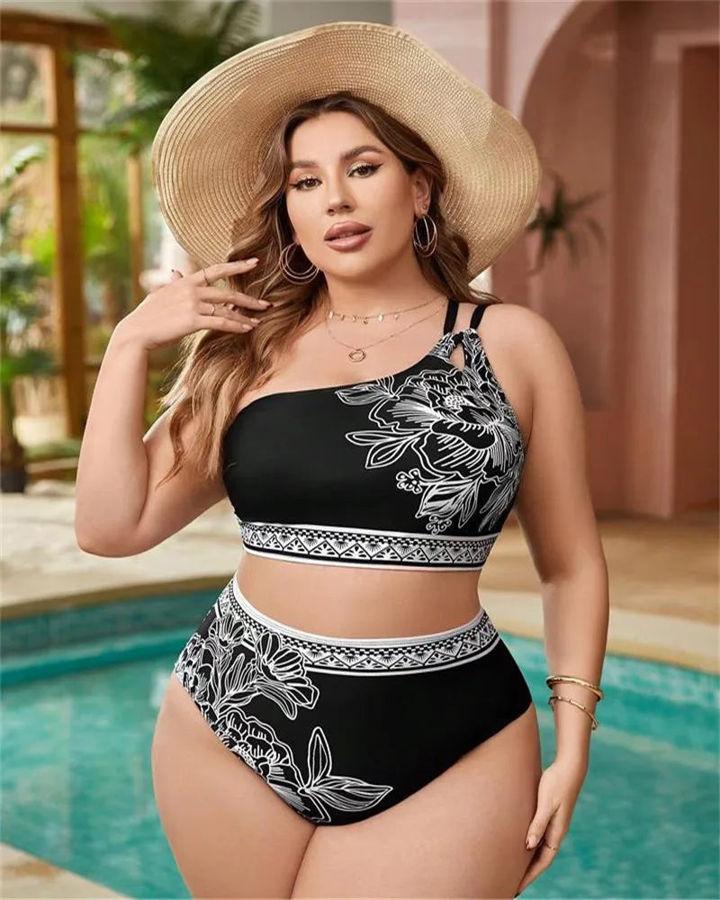 2025 Print One-shoulder Two Piece Plus Size Bikini Women High Waist Large Swimsuit Lady Chubby Swimwear Beach Curvy Bathing Suit