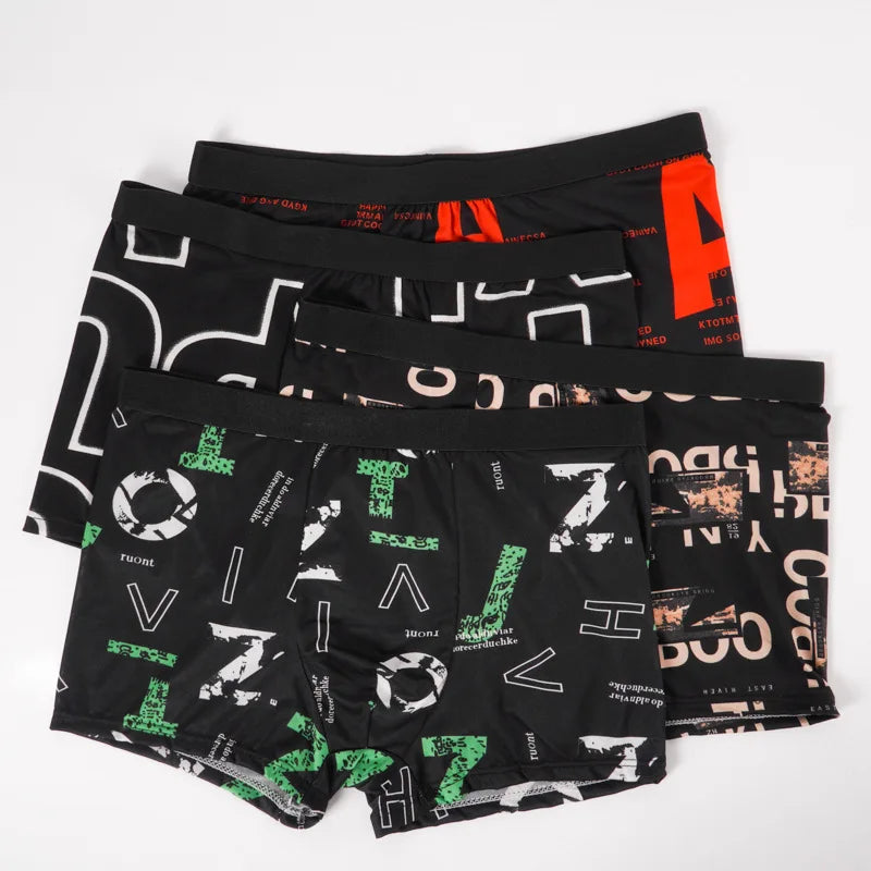 4PCS Men's Letter Printed Black Boxers Summer Sports Breathable Underwear Men's Comfortable And Casual Boxers Men Underwear