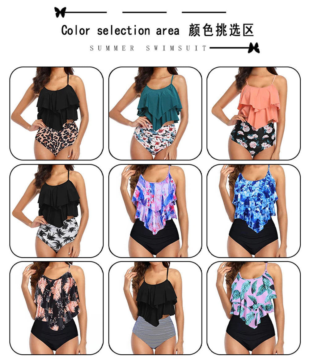 8 Colors Women Ruffled Tankini Set Padded Top With Adjustable Shoulder Straps Elastic Slim Knitted High Waisted Beachwear 2024