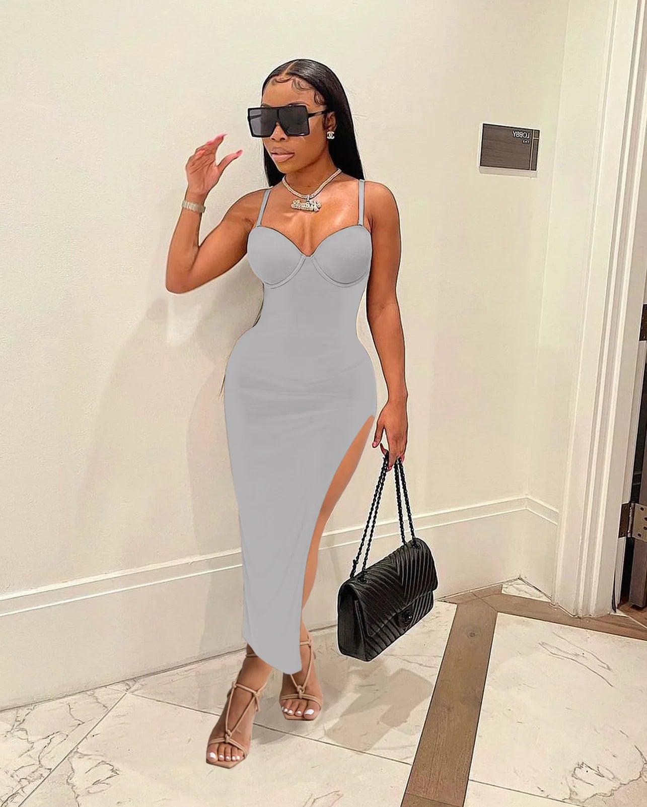 FAGADOER Sexy High Slit Bodycon Long Dress Women Solid Color Spaghetti Strap Backless Dresses Female Streetwear Vestidos 2025