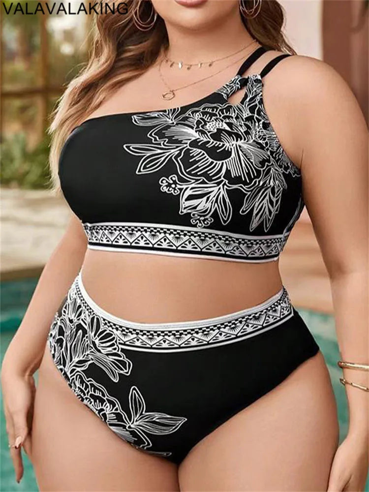 2025 Print One-shoulder Two Piece Plus Size Bikini Women High Waist Large Swimsuit Lady Chubby Swimwear Beach Curvy Bathing Suit
