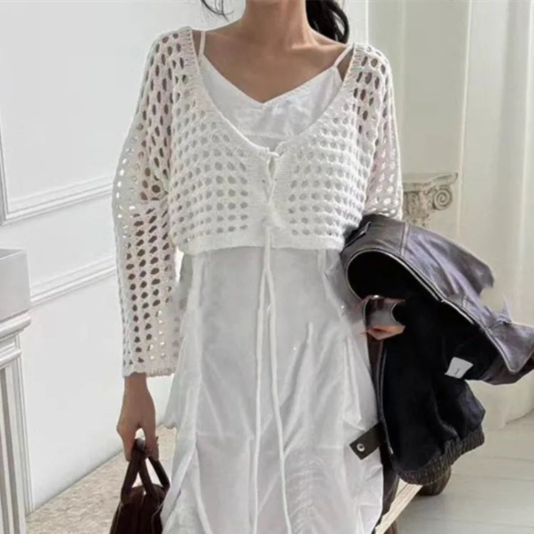 2025 Summer New V-neck Lace Up Cardigan Hollow Out Long Sleeve Tops Women Y2k E-Girl Slim Fit All-match Knitted Pullover