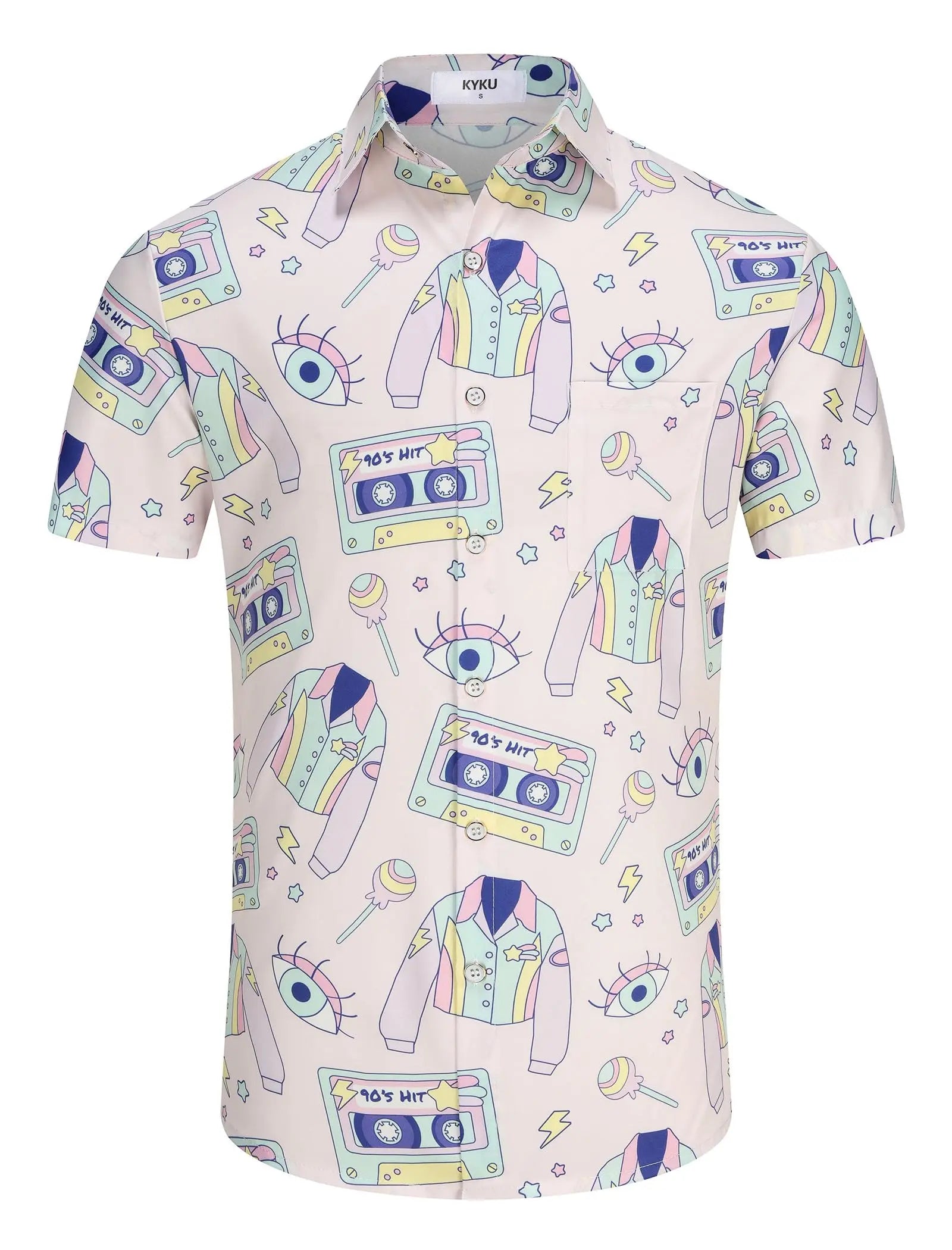 KYKU 80s Costume 90s Clothes Hawaiian Shirt for Men Button Down Shirts Short Sleeve Retro Disco Outfits