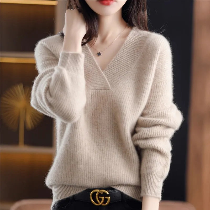 V-neck Basis Pullover Women's Solid Loose Knit Sweater Autumn Winter Jumpers Knitwear Soft Warm Chic Femme Sweater Casual Tops