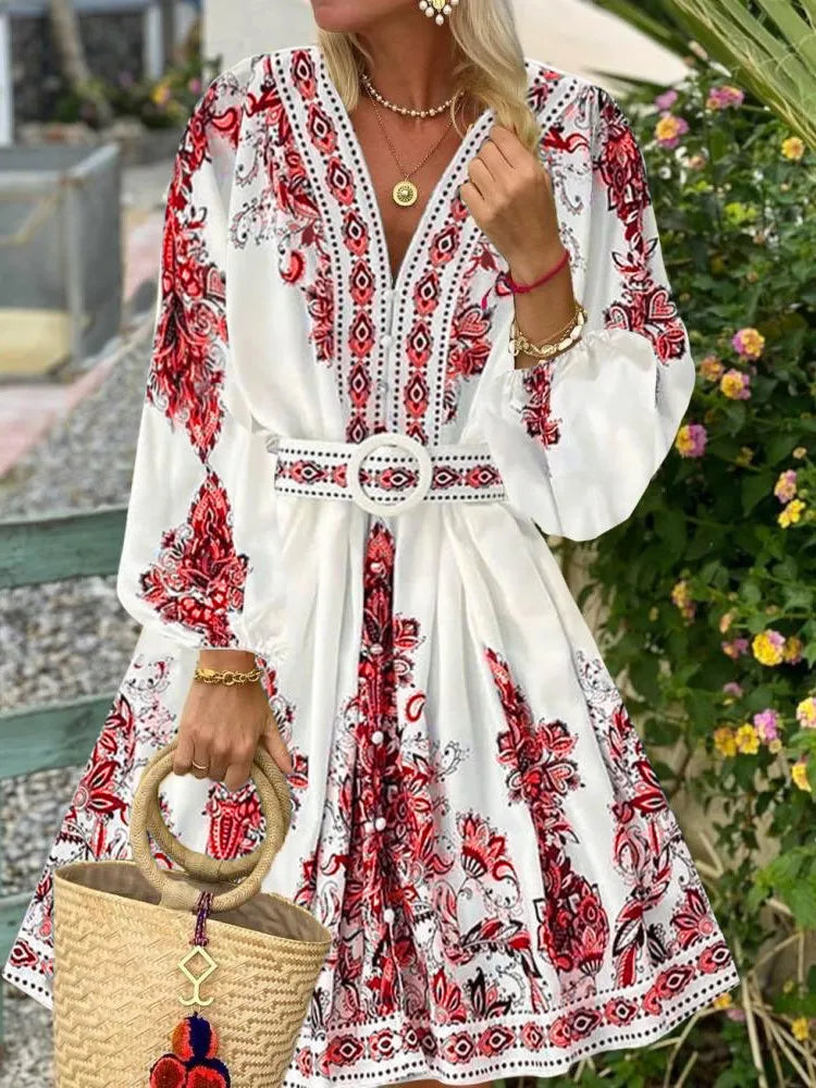 Spring Elegant Women Dress 2025 Fashion Lantern Sleeve V Neck Boho Print Dress Vintage Belt Loose Party Dresses Femme Vestidos