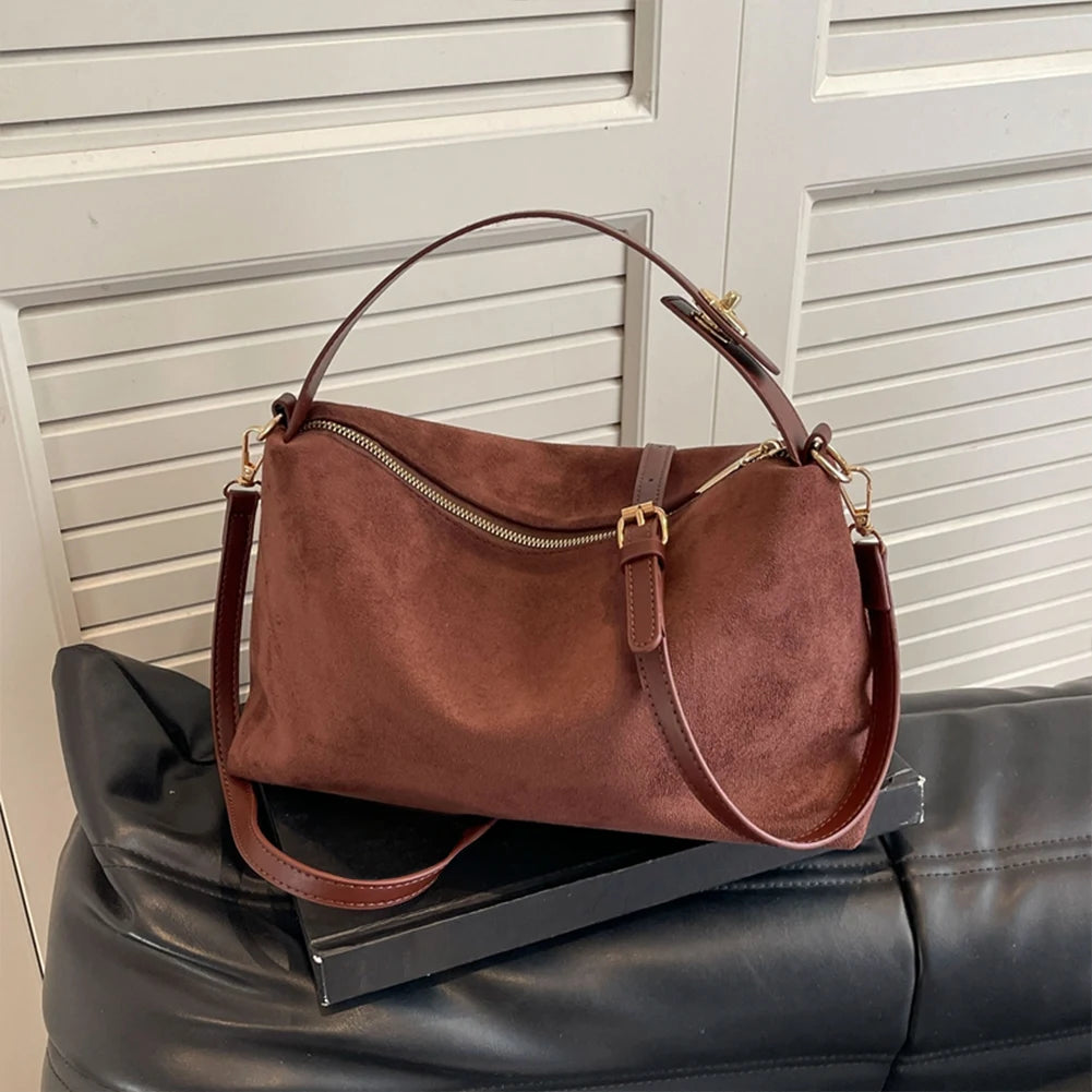 Women Suede Shoulder Bag Adjustable Strap Hobo Purse With Inner Pocket Satchel Purse Zipper Clutch Purse for Work Travel
