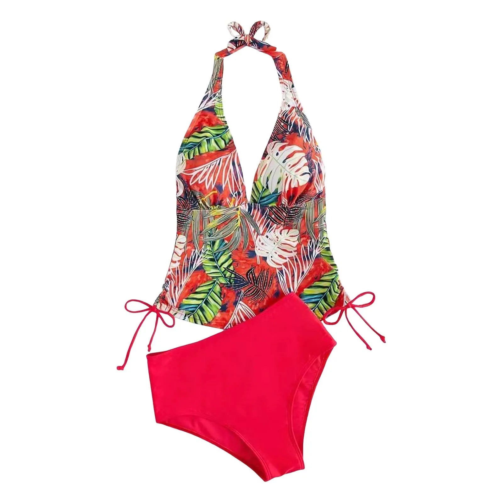 Sexy Halter Deep V Leaf Print Swimwear Ladies Large Size Covering Belly And Slimming Swimwear Triangle Solid Tie Split Swimsuit