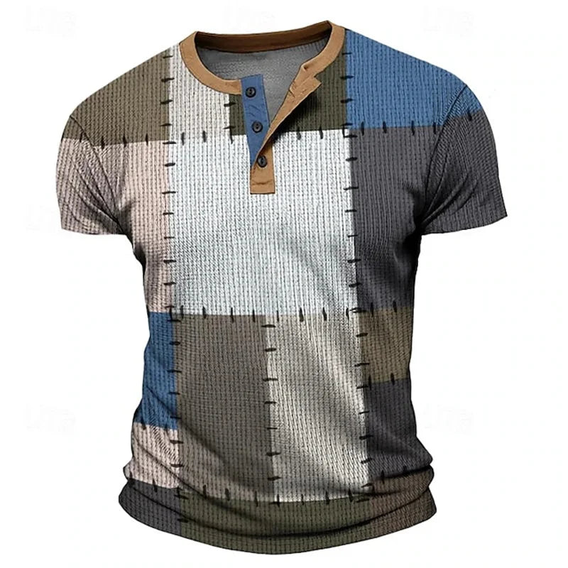 3D Color Splicing Print Men's Henry Shirt Summer Casual Breathable Short Sleeve Tops Fashion Street Loose Clothing Men T-Shirts