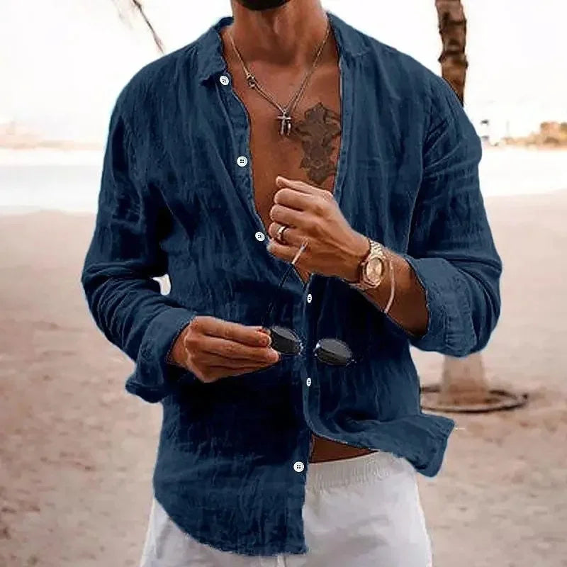 2025 Spring/Autumn New Style Loose Long Sleeve Linen Comfortable Men's Shirt Solid Color Turn-Down Collar Casual British Style