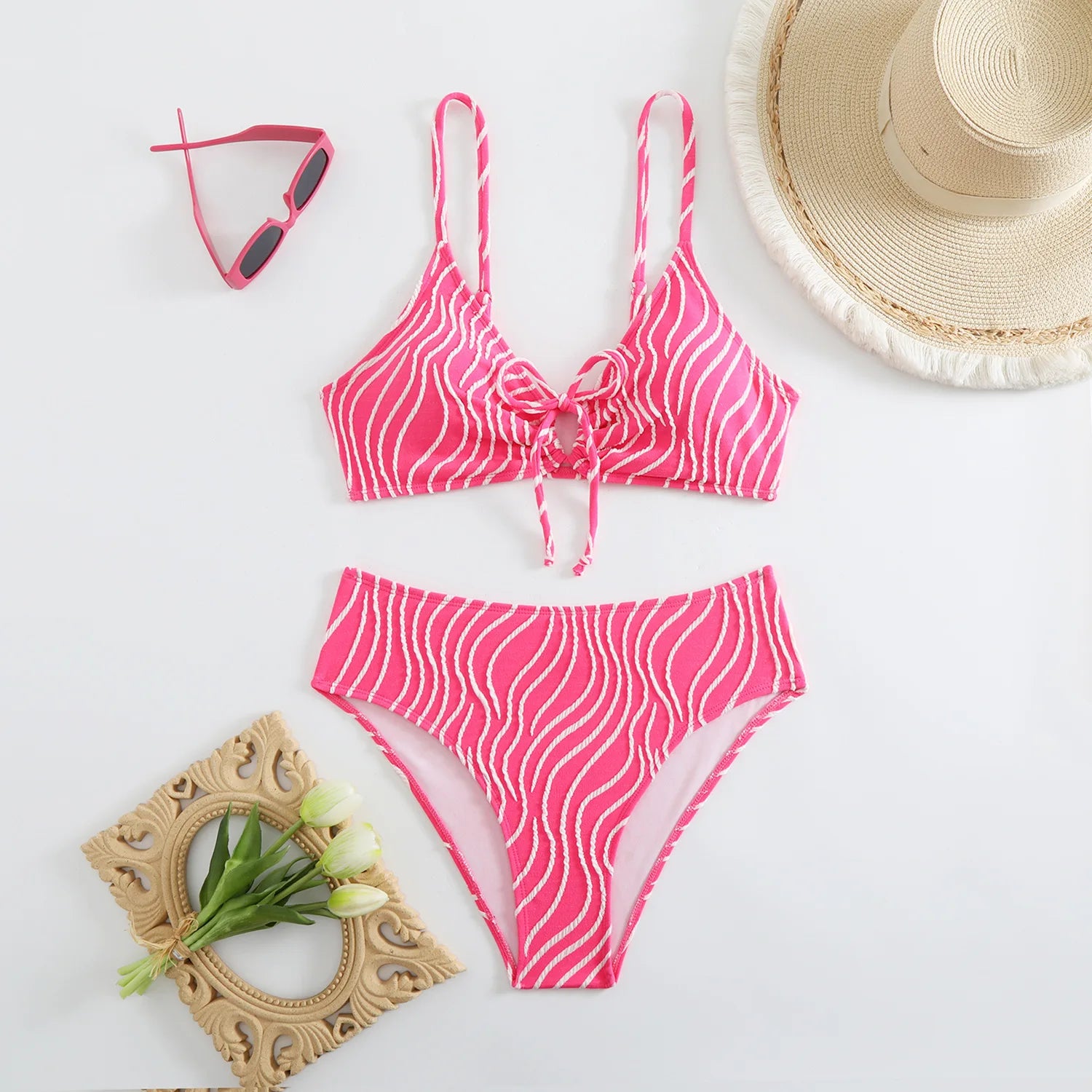 2025 New Women's Bikini Set Stripe Print 2 Pice Swimsuit Drawstring Lace-up V Neck Suspender Backless Beach Vacation Swimwear