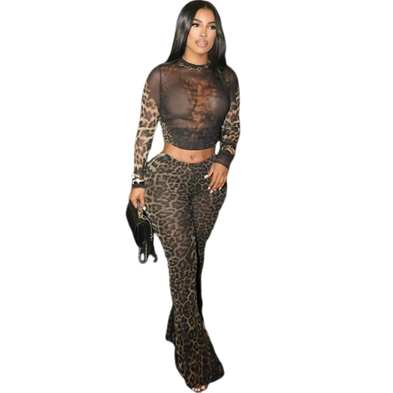 Nibber Sexy 2 Piece Set Women See Through Midnight Party Full Sleeve Crop Tops+Pants Matching Clubwear Skinny Autumn Outfits
