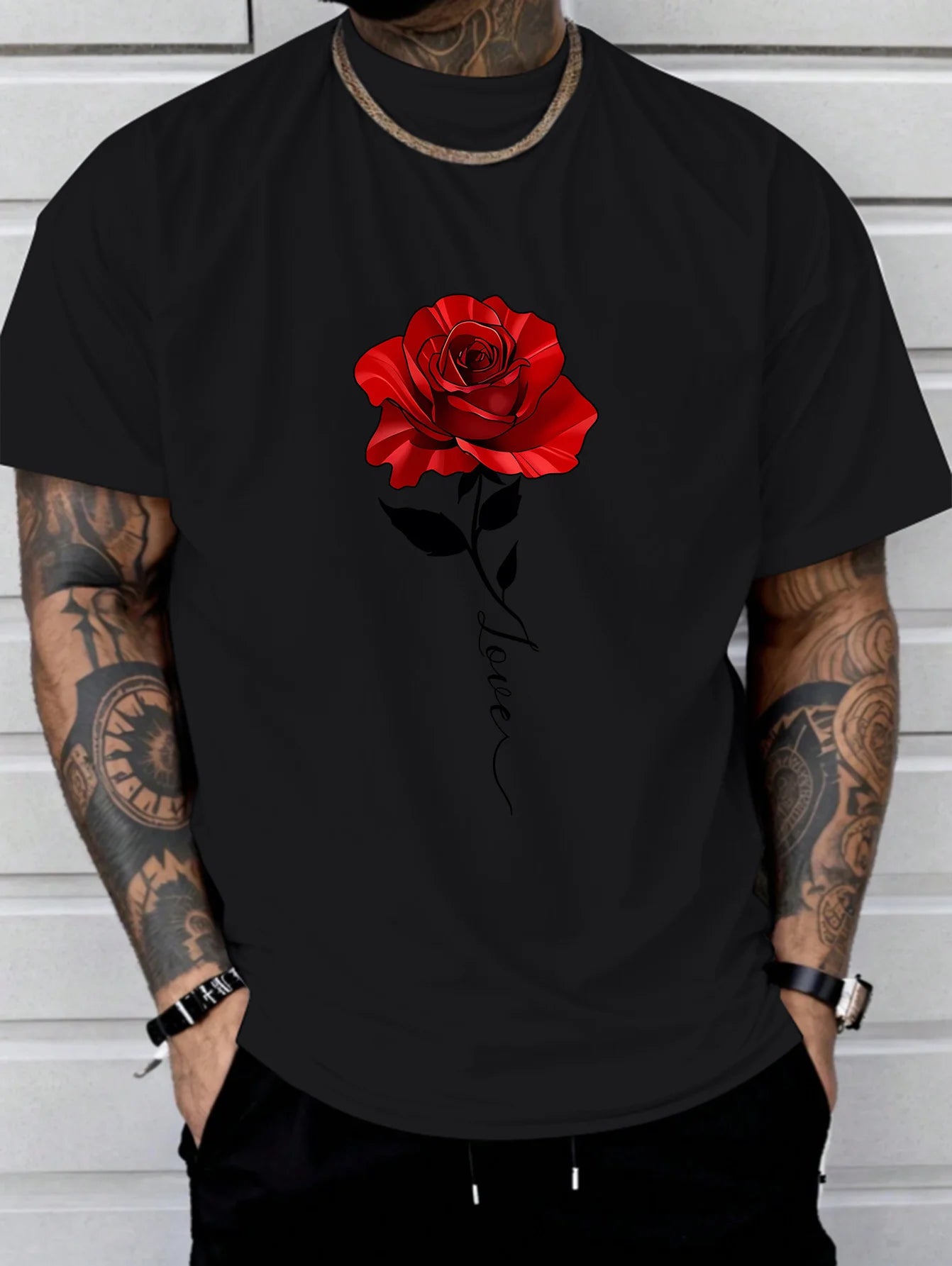 Front Rose Print Round Neck Short Sleeved T shirt Top Comfortable and Breathable Fabric Casual Sports Style Men's 100% Cotton