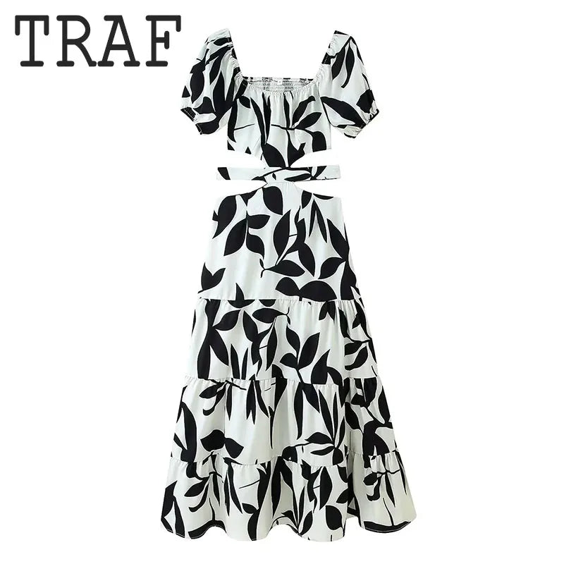 TRAF Elegant Off Waist Dresses For Women Fashion Printed Short Sleeve Dress Lace Up Slim Long Dress Temperament Party Dresses