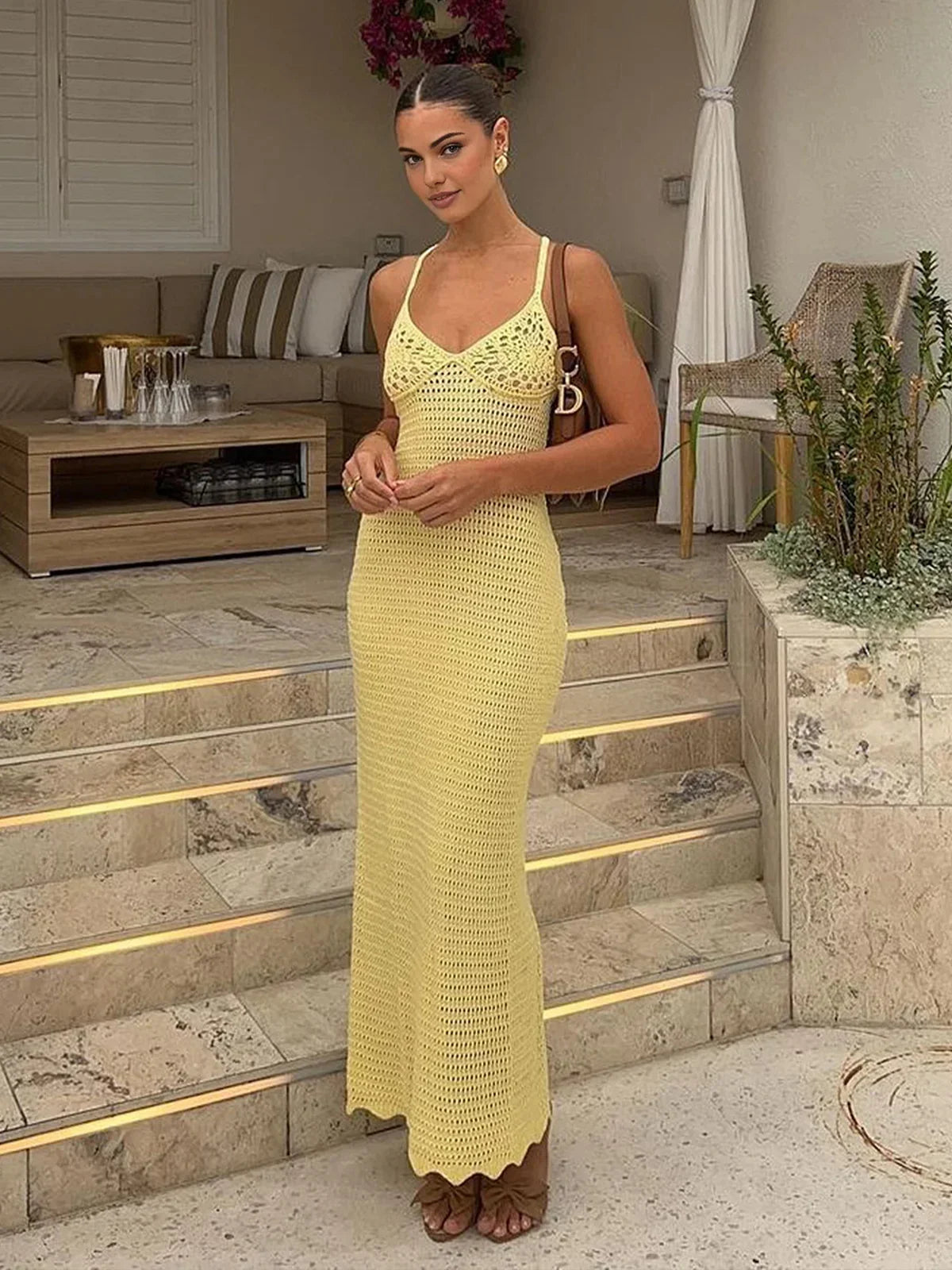 Solid Colour Sexy Knit Cut Out Holiday Beach Dresses Women's 2025 Summer Sexy V-Neck Spaghetti Strap Bodycon Maxi Dress K32