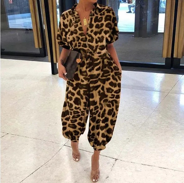 2025 Summer New Dot Leopard Print Jumpsuit Women Short Sleeve Leace-up Pocket Casual Jumpsuits Fashion Vintage Ladies Bodysuits
