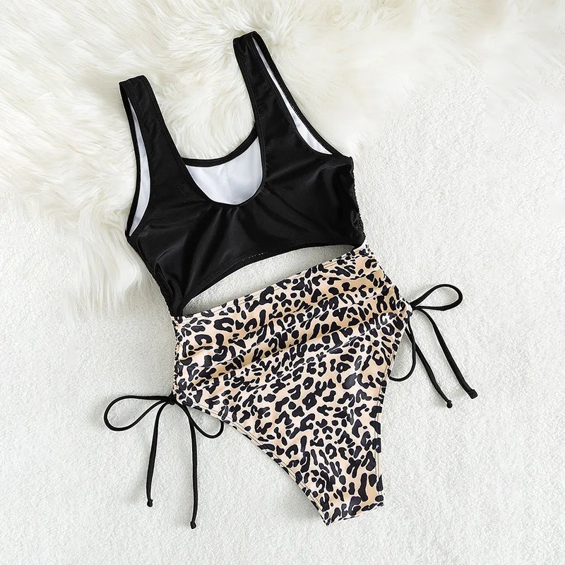 2024 Leopard Print Bikini High Waist One Piece Swimsuit for Women Sexy Hollow Out Swimwear Summer Beach Vacation Monokini New
